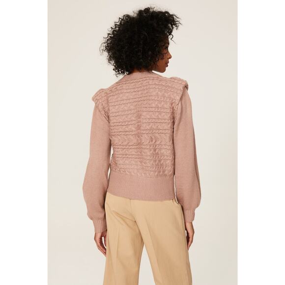 525 America Sz Xs 0/2 Tan Cable Knit Shoulder Pad Crewneck Pullover Sweater - Picture 2 of 5